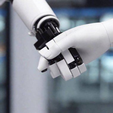 A high-resolution ultrarealistic image showcases a close-up of a human hand gently shaking hands with a robotic hand. The robotic hand is sleek and white with black joints and fingers, exuding a modern and sophisticated design. The human hand clipart