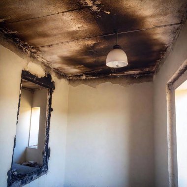 A high-resolution photo capturing a corner of a room severely damaged by smoke. The ceiling and upper walls are covered in black soot and char marks. A ceiling light fixture appears burned out and surrounded by smoke residue. The adjacent wall clipart