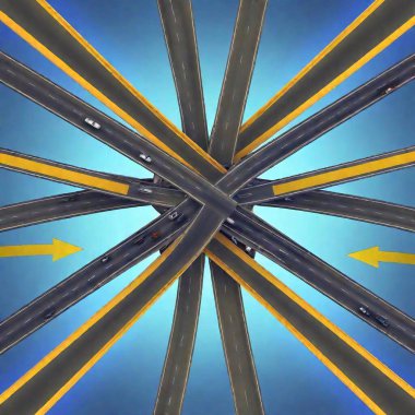 A high-resolution digital artwork features a complex maze of intertwined highways against a clear blue sky with scattered clouds. Yellow road signs with various directional arrows are scattered throughout the tangled roads, signifying confusion and clipart