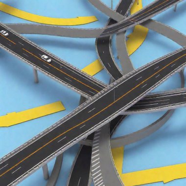 A high-resolution digital artwork features a complex maze of intertwined highways against a clear blue sky with scattered clouds. Yellow road signs with various directional arrows are scattered throughout the tangled roads, signifying confusion and clipart