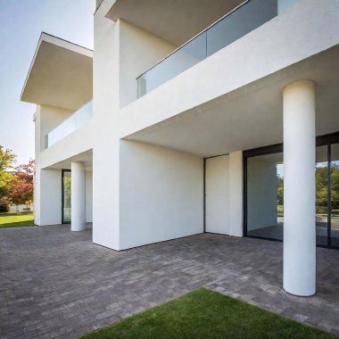 A high-resolution photo captures a modern, minimalist, two-story house with a stark white facade and bold vertical dark-gray bricks accentuating the large, geometric windows. The house has a gable roof and features two prominent white chimneys. A clipart