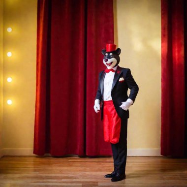 A high-resolution photograph captures a playful scene featuring Mickey Mouse, a beloved animated character, in stunning detail. Mickey, dressed in his classic costume of red shorts with white buttons, white gloves, a black tuxedo jacket, and a clipart