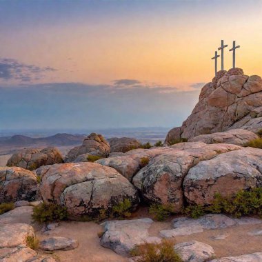 A high-resolution ultrarealistic image, captured in a photo style, depicts three crosses atop a rugged hill, framed by the entrance of a rocky cavern. The crosses stand solemnly against a beautifully gradient sky transitioning from a soft morning clipart