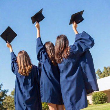 A high-resolution ultrarealistic image captures a joyous graduation scene. The digital photograph features a group of graduates wearing vibrant blue academic gowns with gold trim, standing together under a bright sky. They are in an open outdoor clipart