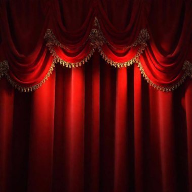 A high-resolution digital artwork of an opulent red theater curtain. The image captures the rich, velvety texture of the deep crimson drapery. The fabric is drawn back slightly on the sides, revealing a darker interior backdrop but keeping the sense clipart