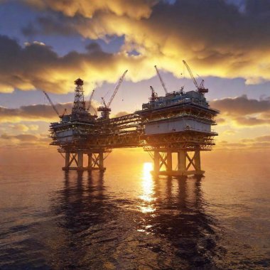 A high-resolution ultrarealistic image captures an offshore oil platform at sunset, characterized by detailed digital artwork. The platform, constructed with yellow and steel-toned structures, dominates the scene, equipped with cranes, pipes, and clipart