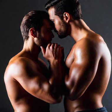 A high-resolution ultrarealistic photograph capturing an intimate moment between two muscular men. The focus is on their upper bodies, with chiseled physiques and prominent body hair. One man is tenderly holding the other's head, their faces closely clipart