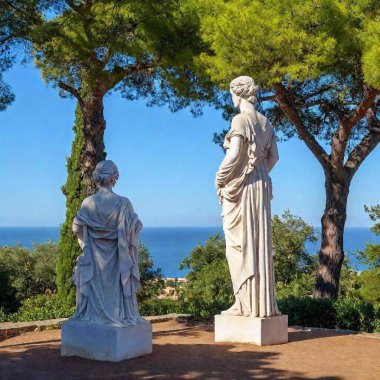 A high-resolution ultrarealistic image capturing a scenic Mediterranean vista from a high vantage point, with digital photo realism. The foreground features a detailed stone statue of a classical figure, draped in textured garments, and partially clipart