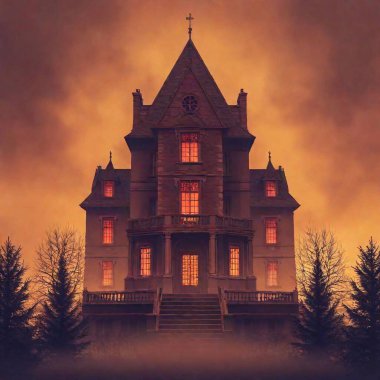 A high-resolution digital artwork depicting a Gothic-style, stone-built, spooky mansion, shrouded in dense, swirling mist. The three-story structure, with its pointed gables and tall, narrow windows, exudes an eerie atmosphere accentuated by glowing clipart