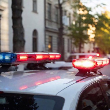 A high-resolution photograph captures the roof of a police car with red emergency lights prominently displayed. In the blurred background, several uniformed officers engage in conversation, suggesting a scene of active duty or investigation. The clipart