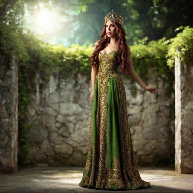 A high-resolution ultrarealistic digital artwork depicting a regal figure in a medieval setting. The subject is a woman with long, flowing auburn hair, wearing an intricately patterned green and gold gown. She dons a jeweled crown, adding to her clipart