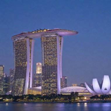 A high-resolution ultrarealistic image capturing the dazzling Singapore skyline at twilight. This digital photograph showcases the iconic Marina Bay Sands hotel with its three towering skyscrapers connected by a sky garden. In the foreground are the clipart