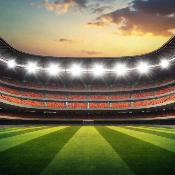 Gran Estadio Fútbol Iluminado Vasto Vibrante Campo Verde Bajo Cielo — Foto de Stock