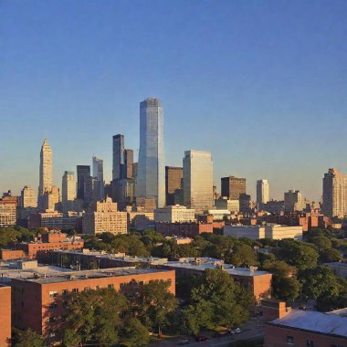 A high-resolution ultrarealistic image capturing the downtown skyline of a major city at sunset. This photograph features towering skyscrapers, with a prominent glass building at the center glistening in the golden hues of the setting sun. The clipart