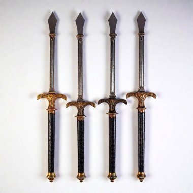 A high-resolution ultrarealistic image of three intricately designed medieval swords displayed diagonally on a white background. The top sword features an ornate handle with detailed engravings and a straight blade. The middle sword has a fan-shaped clipart