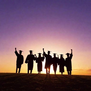 A high-resolution ultrarealistic image of graduates celebrating their achievement. The digital photograph captures a group of silhouetted individuals wearing traditional graduation caps and gowns. They are standing close together under a clipart