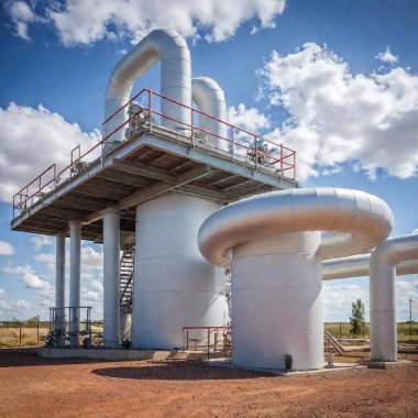 A high-resolution ultrarealistic image captures a large industrial oil pipeline situated in a gravel-lined area under a vivid blue sky, scattered with fluffy white clouds. The digital photograph showcases a modern, robust infrastructure with large clipart