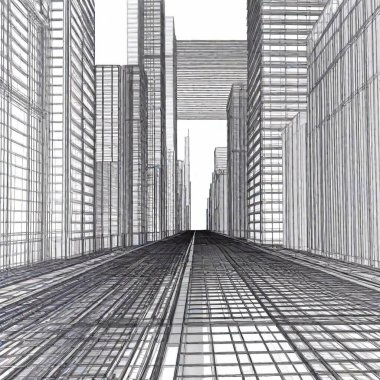 A high-resolution digital artwork featuring an intricate wireframe architectural landscape. The scene depicts a perspective view of a futuristic cityscape, showcasing multiple high-rise buildings with complex geometric designs. The thin, precise clipart