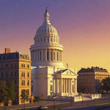 A high-resolution ultrarealistic image of a cityscape at dusk, depicting a detailed, vibrant urban skyline. The foreground features a grand neoclassical building with a prominent dome, illuminated by warm lights. Beyond this, a bustling array of clipart