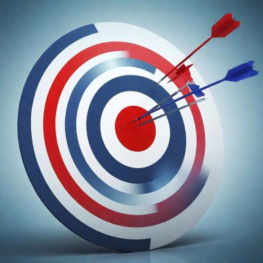 A high-resolution digital artwork of a bullseye target with multiple arrows striking perfectly in the center. The image emphasizes precision with six arrows, including two with red fletchings, piercing the red bullseye. The lighting is dynamic clipart