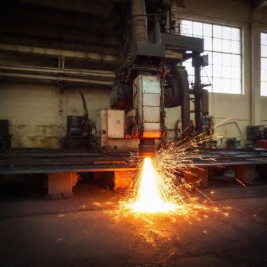 A high-resolution photograph captures the dynamic process of industrial metal cutting. Several automated machines, equipped with cutting torches, precisely slice through large sheets of metal. The intense sparks fly in multiple directions, creating clipart