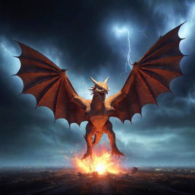 A high-resolution digital artwork of an intense fantasy scene features a massive, menacing dragon perched atop a burning structure. The dragon's wings are spread wide, and it breathes fire, its eyes glowing ominously in the dim light. Below, a lone clipart