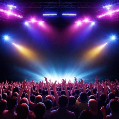 A high-resolution ultrarealistic image captures an electrifying concert scene. The artwork depicts a lively crowd, their hands raised in excitement, reaching towards a brilliantly illuminated stage. Vivid multicolored spotlights and laser beams clipart