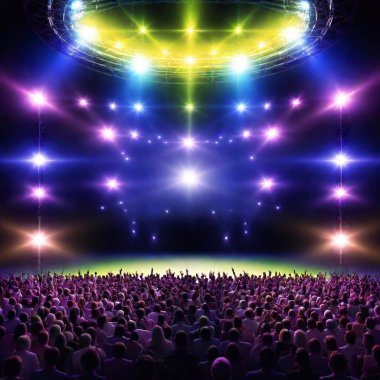 A high-resolution ultrarealistic image captures an electrifying concert scene. The artwork depicts a lively crowd, their hands raised in excitement, reaching towards a brilliantly illuminated stage. Vivid multicolored spotlights and laser beams clipart