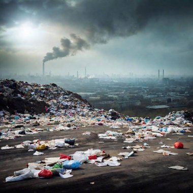 A high-resolution ultrarealistic image showing an urban dystopia. The foreground depicts a sprawling landfill strewn with plastic bags, bottles, and various debris, all in sharp focus against the dark, earthy ground. In the distance, a modern, grey clipart