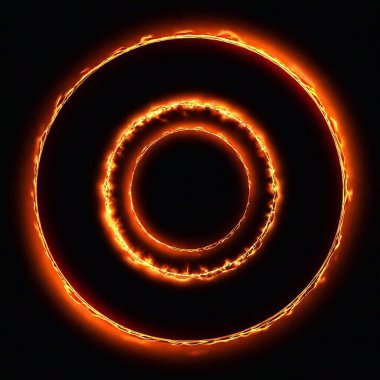 A high-resolution digital artwork depicting a fiery ring against a stark black background. The ring is composed of intensely bright flames, with tendrils of fire curling inward and outward. The colors are a vivid blend of oranges, yellows, and reds clipart