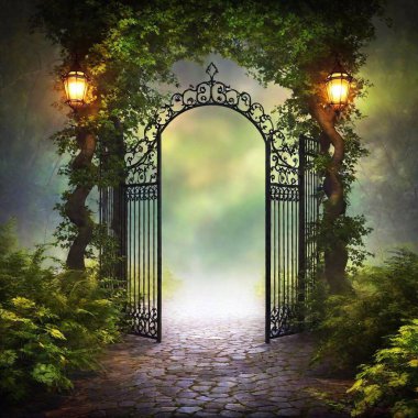 A high-resolution digital artwork depicting an enchanted forest scene at twilight. The focus is on an intricate wrought iron gate framed by ancient, twisted trees adorned with vibrant ivy and glowing flowers. Small birds perch on the archway above clipart