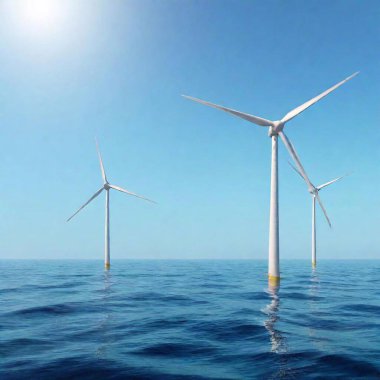 A high-resolution digital artwork showcasing a serene offshore wind farm. The image prominently features a close-up view of a white wind turbine on the left, with its sleek blades capturing the eye. In the background, there are three more wind clipart