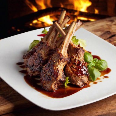 A high-resolution ultrarealistic image captures a succulent stack of grilled lamb chops layered on a white plate. With a rich, golden-brown sear, the meat glistens from its natural juices and caramelized seasoning, hinting at a smoky, savory flavor clipart