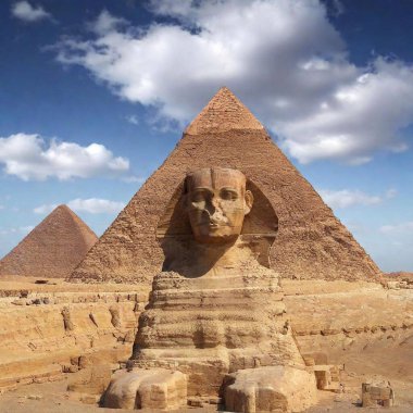 A high-resolution ultrarealistic image of the Great Sphinx of Giza and the Pyramid of Khafre. The digital art captures the iconic limestone monument, with the Sphinx prominently in the foreground, showcasing its weathered yet majestic features. The clipart