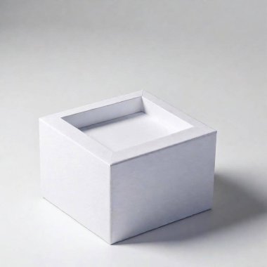 A high-resolution ultrarealistic image captures a pristine white matte-finished rectangular box displayed prominently and centered. The box is open, with a perfectly aligned lid that reveals an empty, clean interior. It is presented against a stark clipart