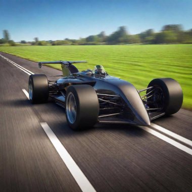 A high-resolution ultrarealistic digital artwork featuring a sleek Formula 1 race car speeding down an asphalt track. This aerodynamic marvel, painted in metallic black with reflective surfaces, showcases fine details in its design, including clipart