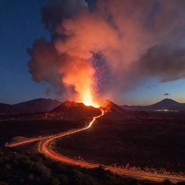 A high-resolution photographic image of an erupting volcano at night. The eruption boasts vibrant orange and red lava streaming down the sides, with sparks flaring upwards. The incandescent lava contrasts sharply against the dark surroundings. A clipart