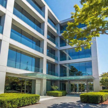 A high-resolution ultrarealistic image capturing the front of a modern corporate office building. The art style is digital photography, showcasing the sleek, glass-covered facade of the Google headquarters. The scene is bathed in natural sunlight clipart