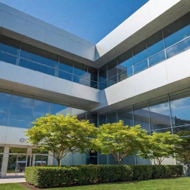 A high-resolution ultrarealistic image capturing the front of a modern corporate office building. The art style is digital photography, showcasing the sleek, glass-covered facade of the Google headquarters. The scene is bathed in natural sunlight clipart