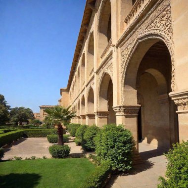 A high-resolution photo capturing the grandeur of an ancient, intricately designed palace and its lush gardens. The image features a detailed stone facade with carved arches and vibrant orange and blue accents. Tall, elegant palm trees stretch clipart