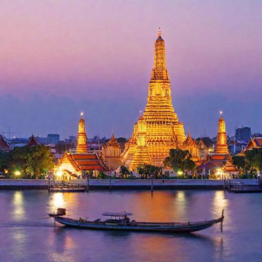 A high-resolution ultrarealistic image captures a serene nighttime scene of an ornate temple complex illuminated brilliantly, showcasing Wat Arun in Bangkok, Thailand, reflecting in calm river waters. This digital artwork highlights a traditional clipart