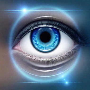 A high-resolution ultrarealistic digital artwork featuring a close-up of a human eye with a vibrant blue iris, surrounded by intricate digital patterns and futuristic interfaces. The eye is portrayed in exquisite detail, reflecting light, while clipart