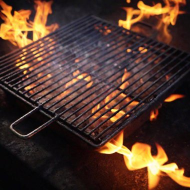 A high-resolution ultrarealistic image captures the intense and vivid scene of an outdoor barbecue grill. The image showcases a metal grill grate surrounded by roaring flames and rising smoke, all set against a dark, contrasting background. The clipart