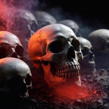 A high-resolution digital artwork featuring a row of weathered, realistic human skulls, enveloped in vibrant, fiery details. The skulls form the central focus, partially covered in ash and embers, giving an impression of decay amidst chaos clipart