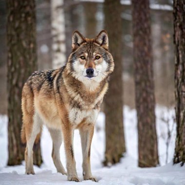 A high-resolution ultrarealistic image capturing an intense and majestic gray wolf standing vigilantly in a snowy forest. This digital photograph features the wolf in exquisite detail, highlighting its thick, multi-toned fur of grays and browns. The clipart