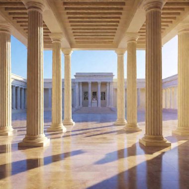 A high-resolution digital artwork featuring a grand hall with towering Greek or Roman-inspired columns. The polished marble flooring reflects the soft, ambient light streaming through the entry. The columns, detailed with realistic fluting and clipart