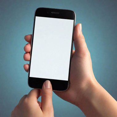 A high-resolution ultrarealistic image shows a close-up of a hand holding a sleek, modern smartphone with a blank, white screen. The hand is gracefully positioned, with fingers gently wrapped around the phone's edges and the index finger poised to clipart