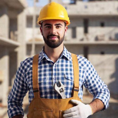 A high-resolution ultrarealistic image captures a close-up view of a construction worker. The image, rendered in a photorealistic style, shows the worker wearing a blue and white checkered shirt. The worker's yellow safety helmet is secured under clipart