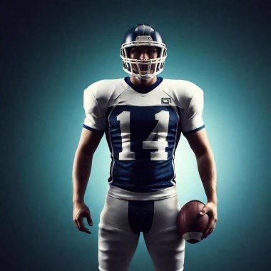 A high-resolution ultrarealistic image of a football player. This digital art captures a male athlete wearing full football gear, with the number 14 on his jersey, holding a helmet in his right hand. He stands poised and confident in a misty clipart