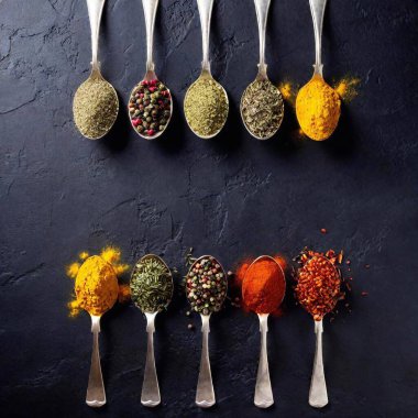 A high-resolution ultrarealistic image of nine metal spoons arranged in a straight line, each filled with a different spice or herb, laid out on a black textured surface. The spices include star anise, mixed peppercorns, dried herbs, paprika, dried clipart